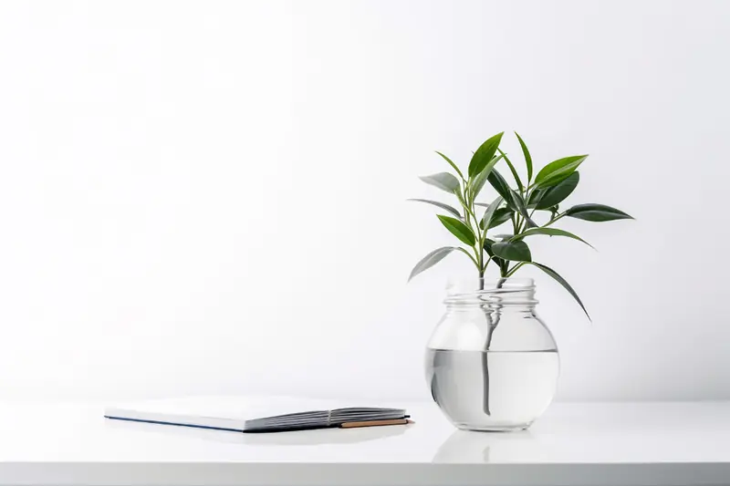 Branche dans un vase sur un bureau blanc