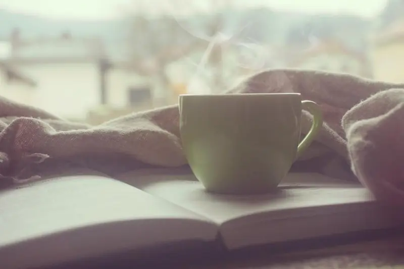 Tasse posée sur un plaid devant une fenêtre